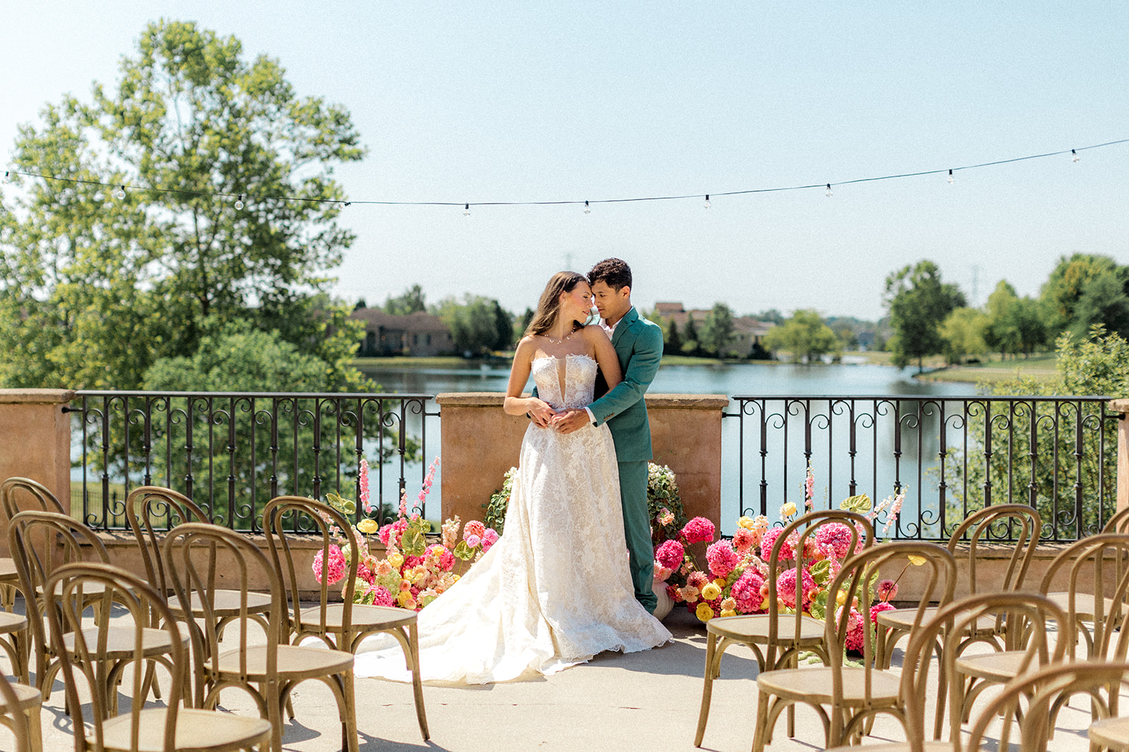 bride and groom hugging after their wedding ceremony
