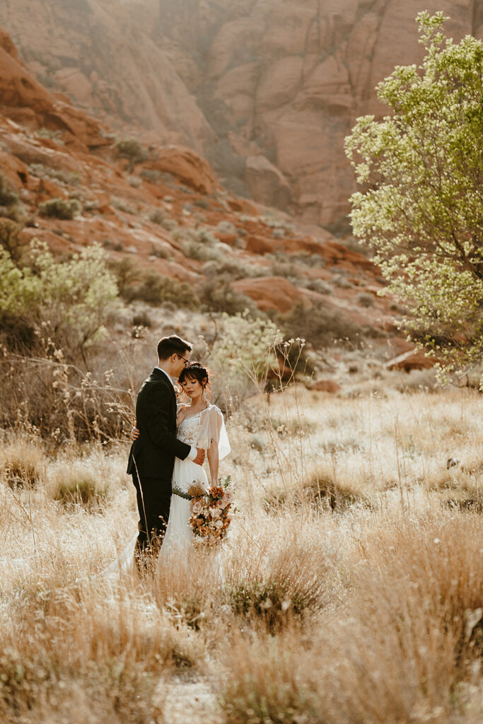 wedding elopement couple posing with the scenic Red Rock Canyon in the background