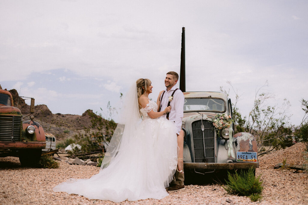 couple at their unique vegas elopement 