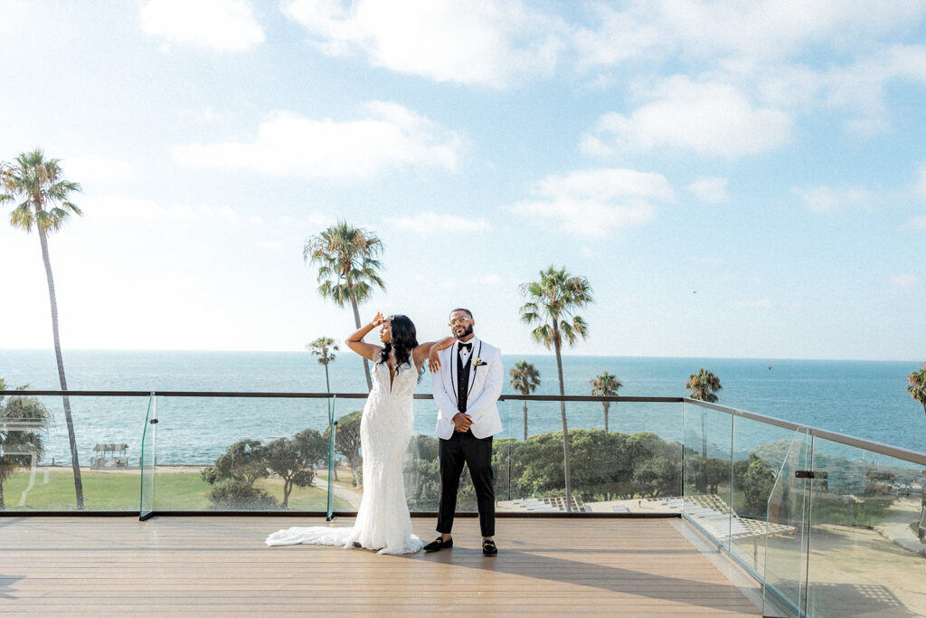 happy couple at their coastal wedding