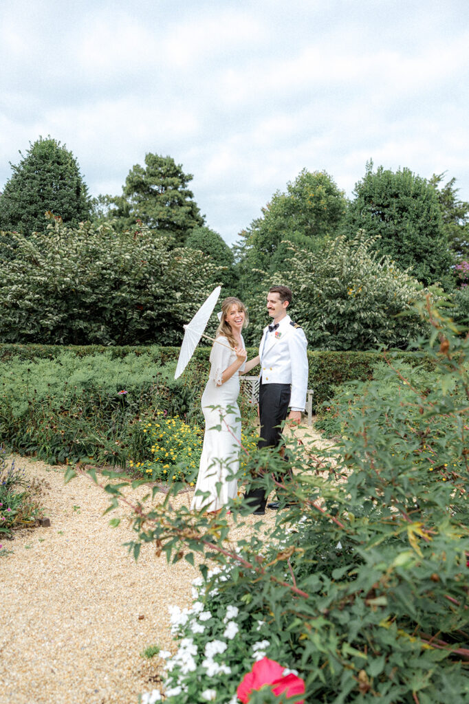 cute picture of the newlyweds laughing with each other 