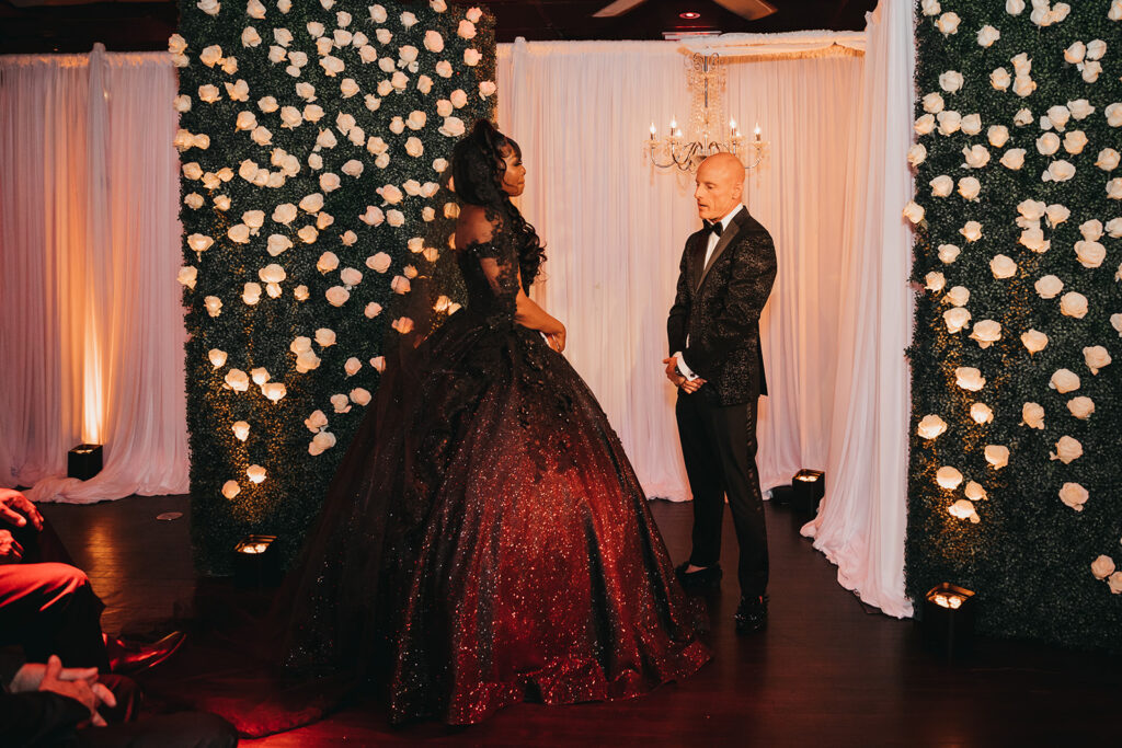 bride and groom at their chic las vegas wedding ceremony 