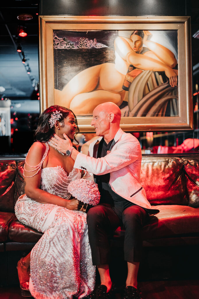 newlyweds looking at each other during their bridal photoshoot