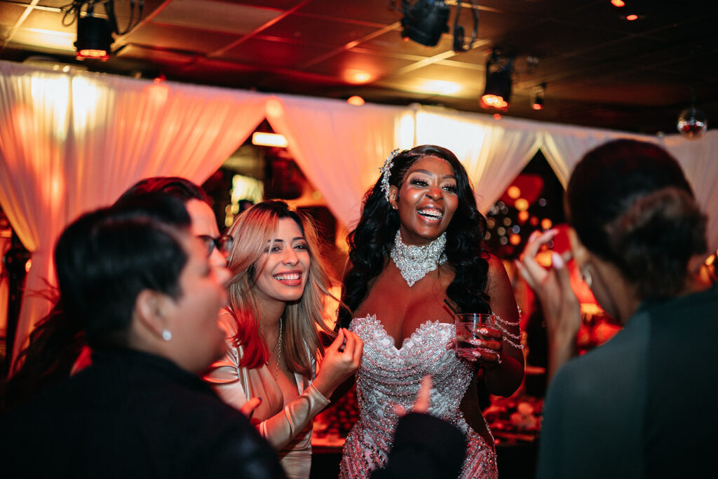 bride talking with her wedding guests 