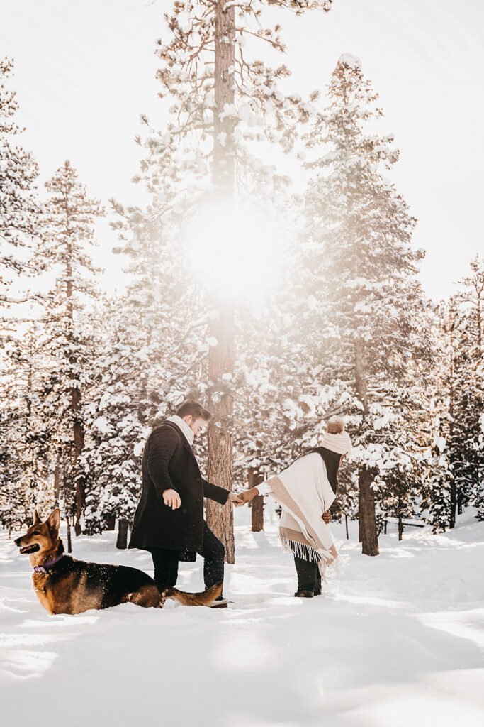 couple at their winter engagement session in mount charleston