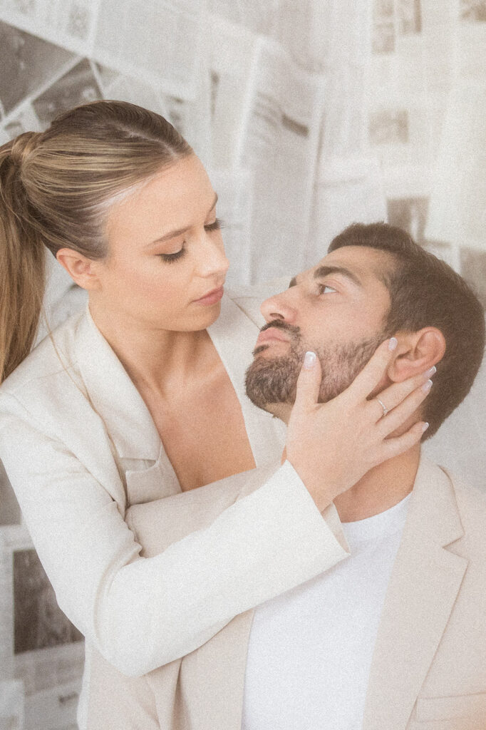 cute picture of the newly engaged couple looking at each other