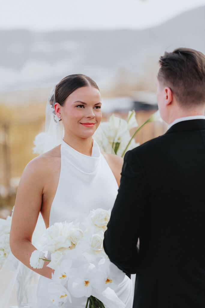 Bride emotional at her intimate wedding ceremony