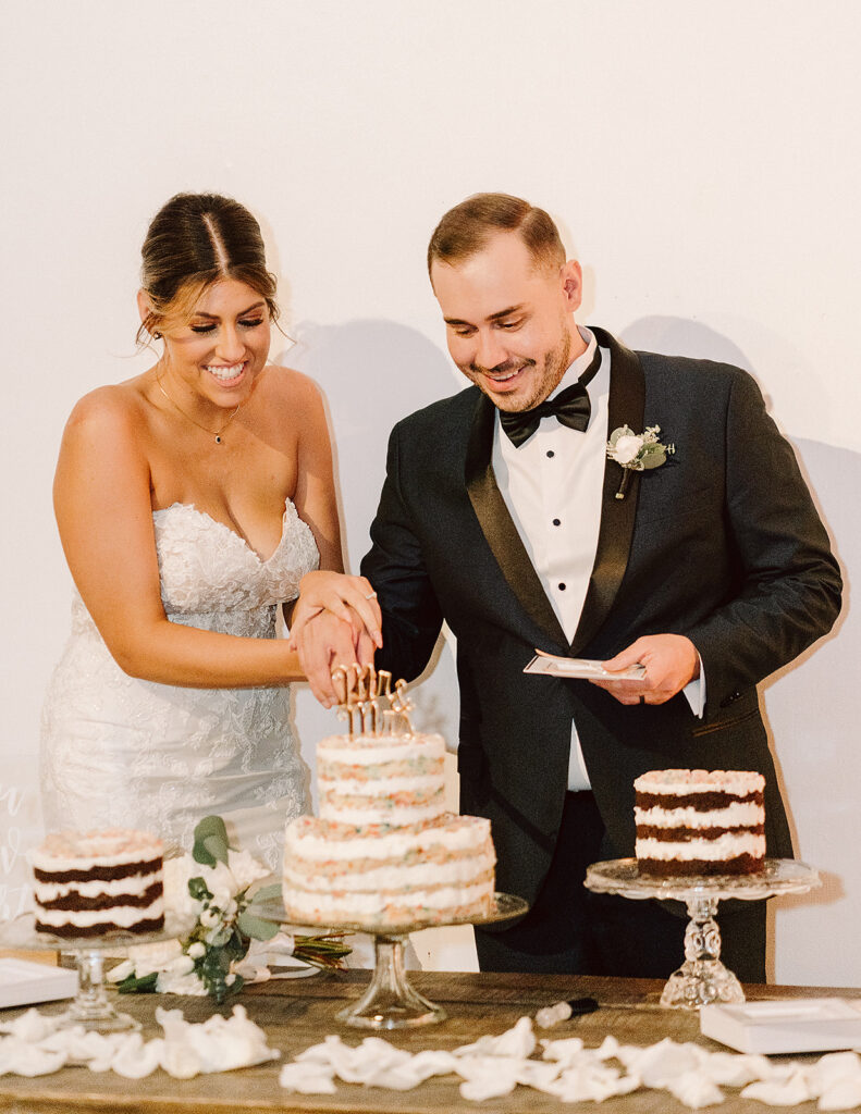 newlyweds cutting their wedding cake