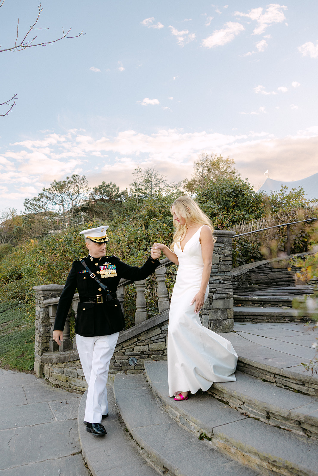 Cliff walk in Newport Rhode Island Military Wedding Couple Portraits at golden hour