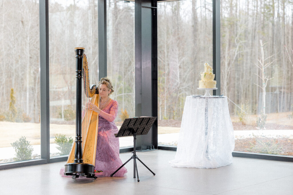 fine art wedding photography by luxury wedding photographer the combs creative at the sky room in north carolina featuring live wedding music and harp player
